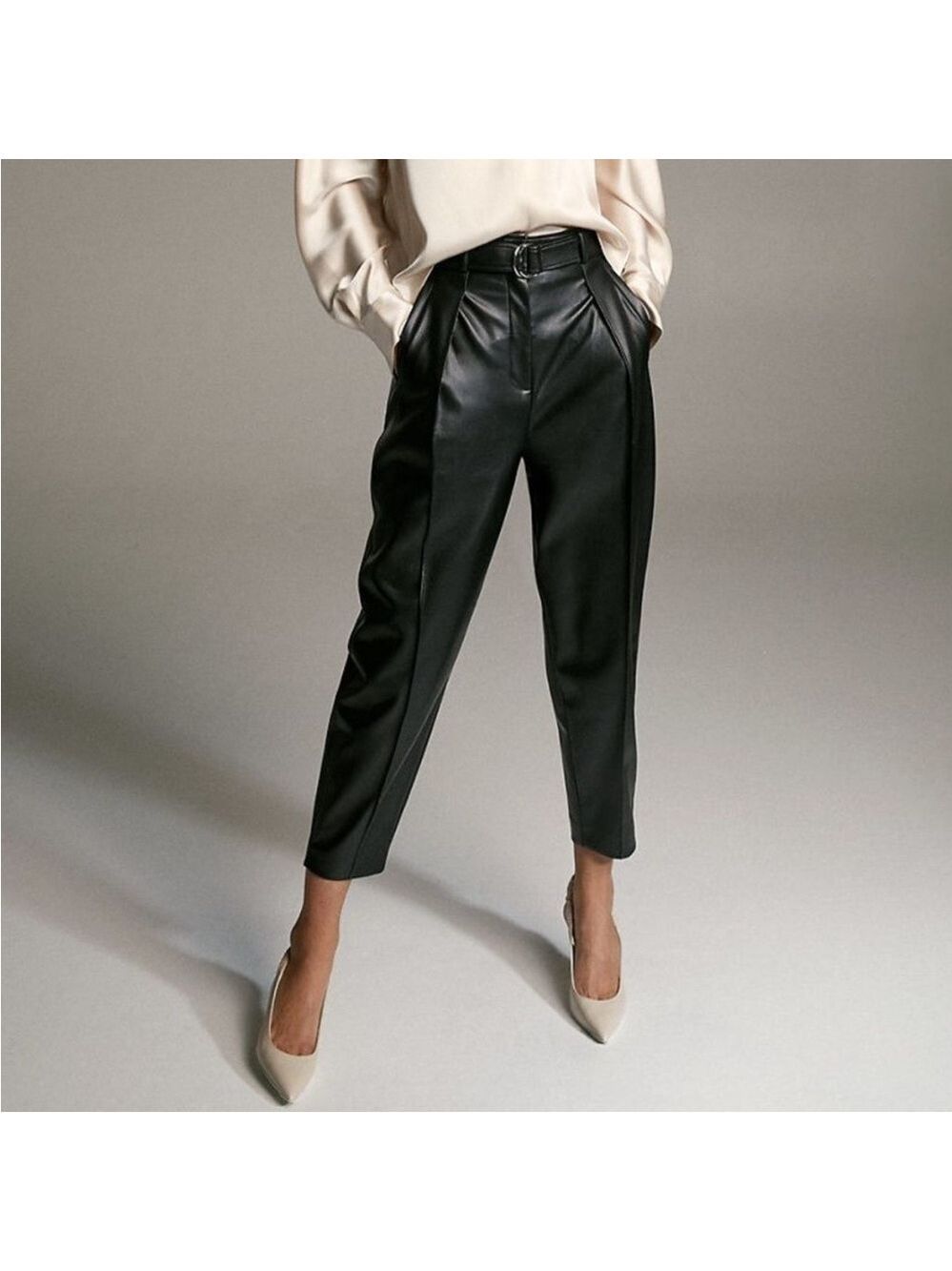 Aritzia Babaton Mayne Vegan Leather Belted Pants High Rise Trousers Black Sz 10